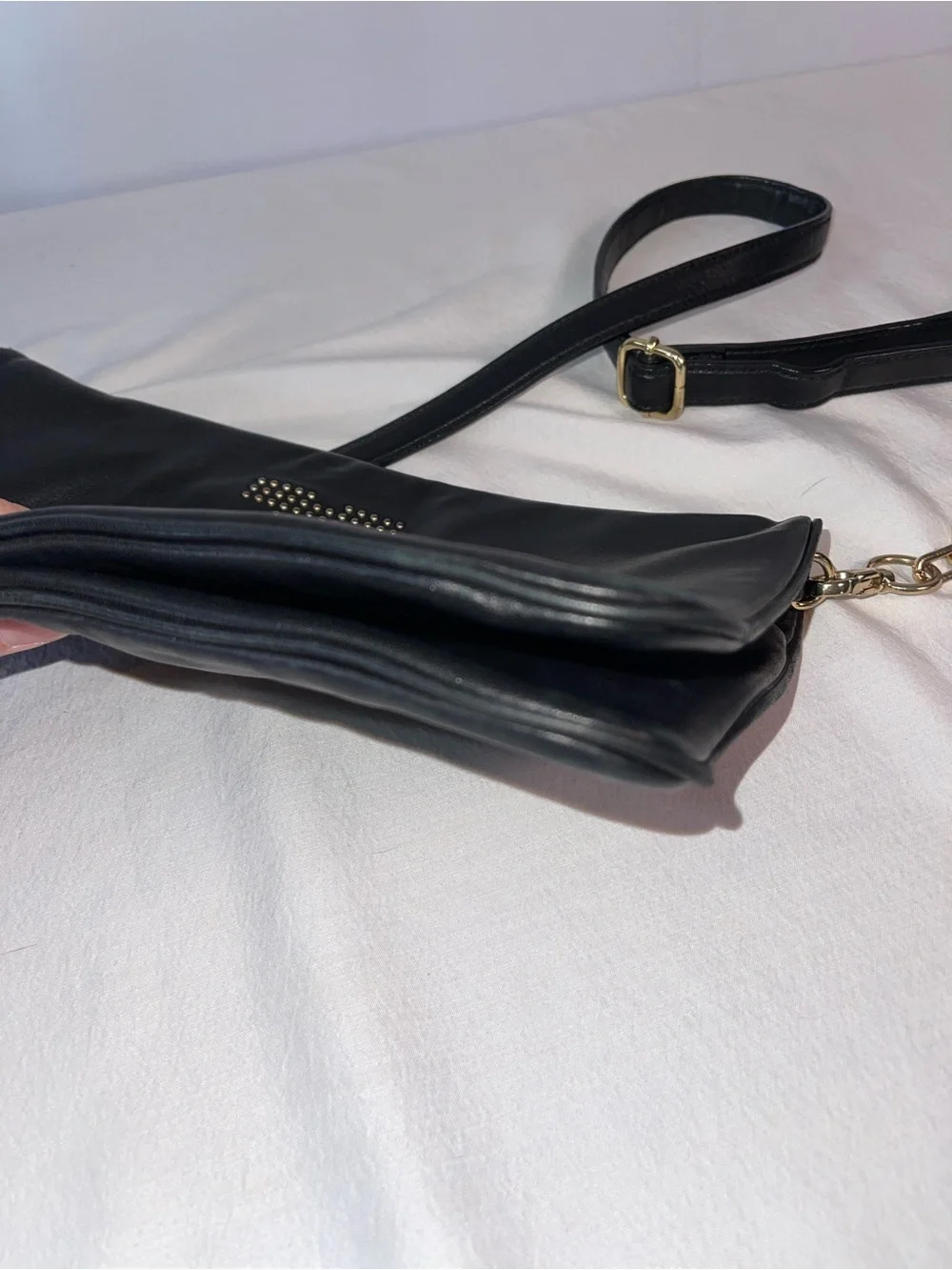 Tory Burch Black Leather Shoulder Bag with Gold Stud Logo